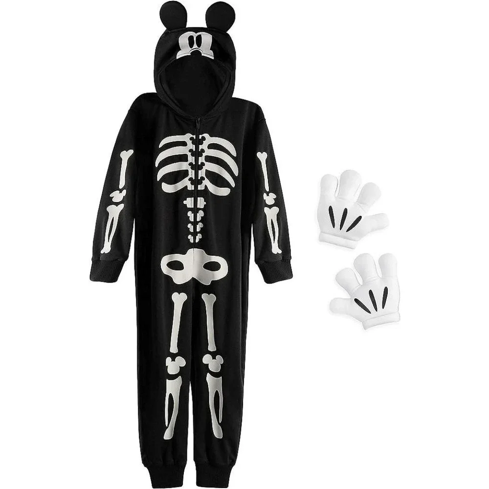 NWT Disney Store Mickey Mouse Skeleton Glow in the Dark w Gloves Costume sz 3